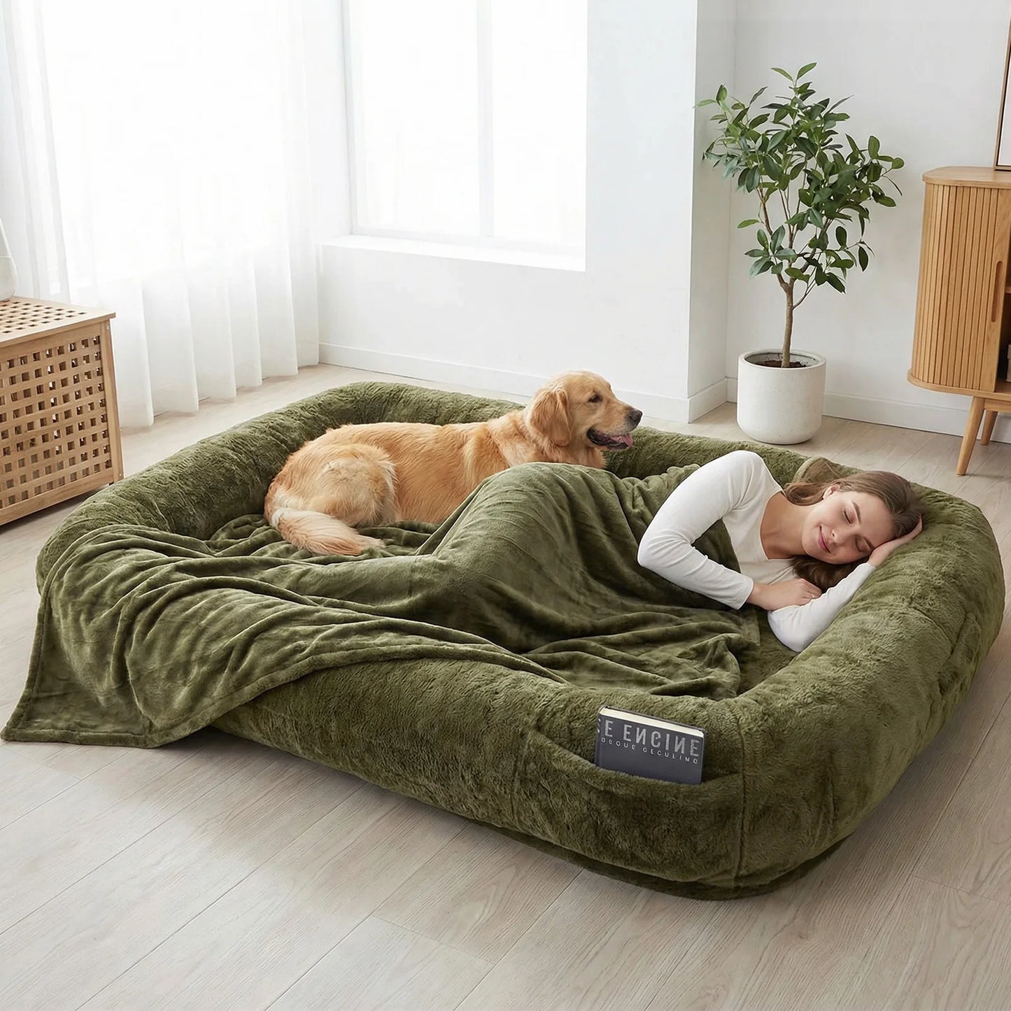 NONECN Human Sized Dog Bed With Washable Faux Fur Comfort