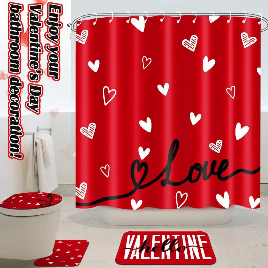 Valentines Day Shower Curtain Set With Bath Mat And Hooks