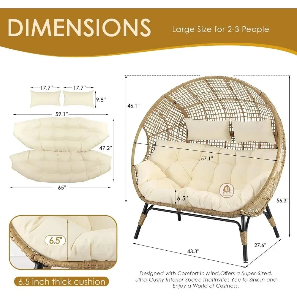 Double Egg Outdoor Lounge Chair For Two With Padded Cushions