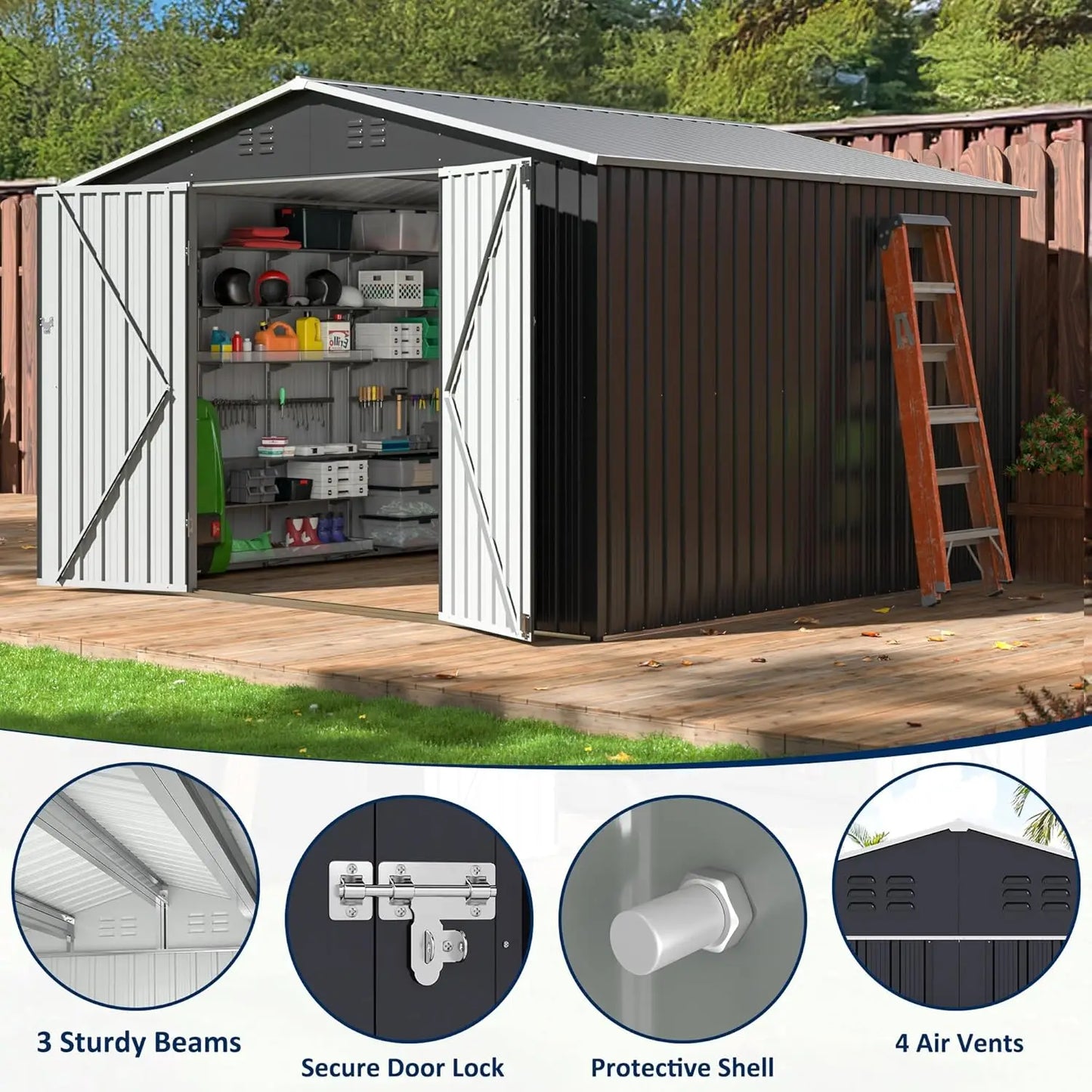 Metal Garden Storage Shed With Lockable Doors And Upgraded Frame