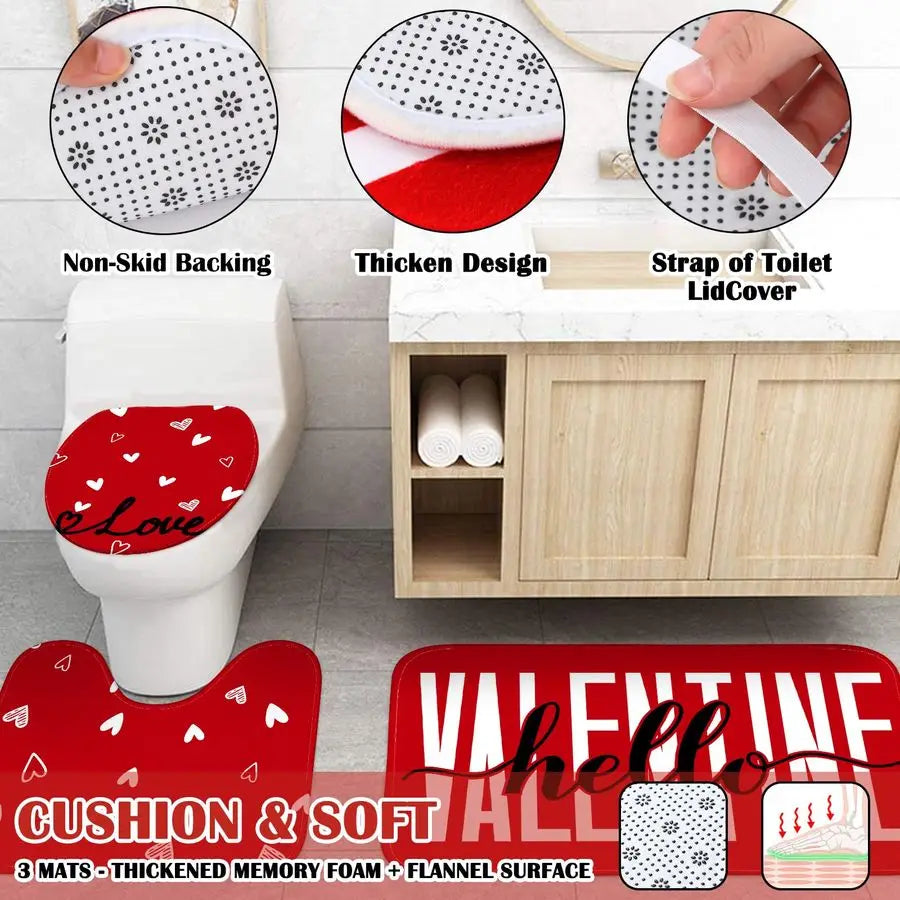 Valentines Day Shower Curtain Set With Bath Mat And Hooks