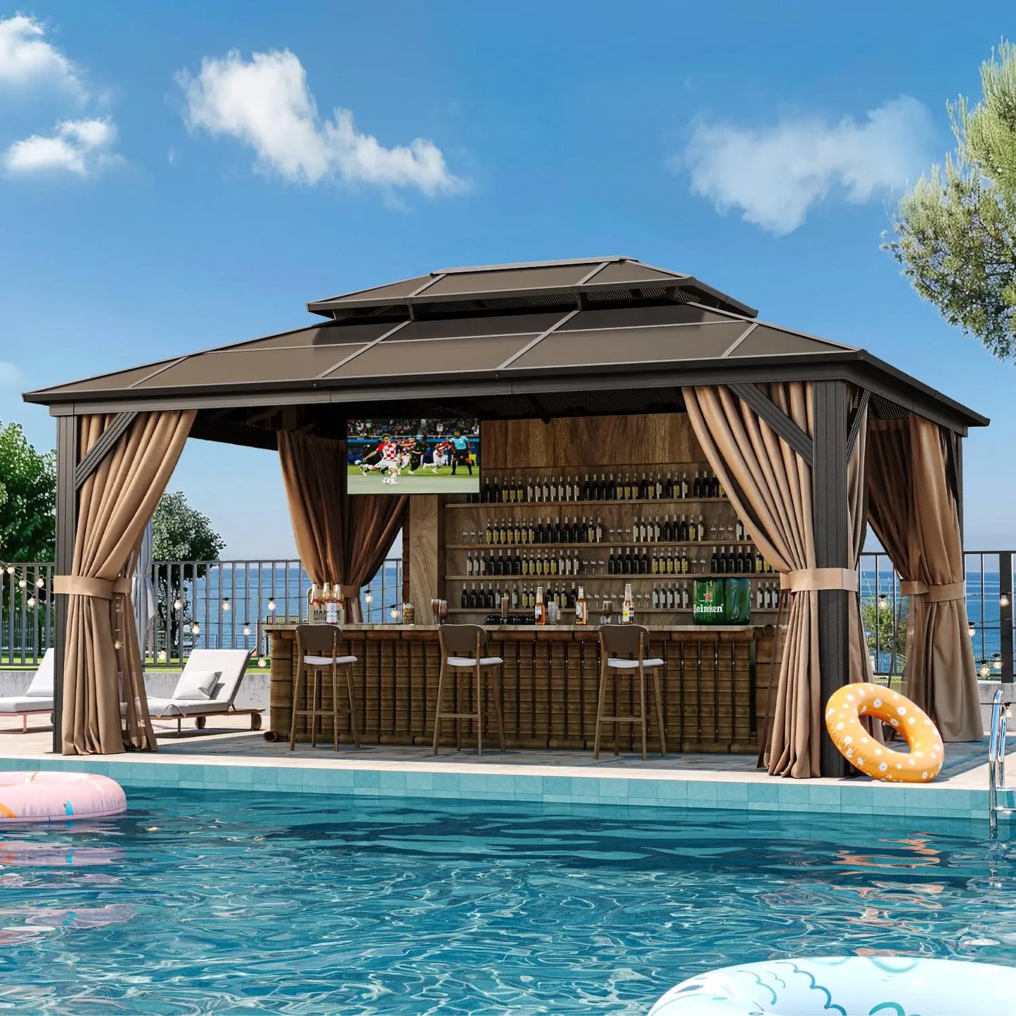 Hardtop Gazebo With Aluminum Frame Polycarbonate Double Roof Canopy Curtains