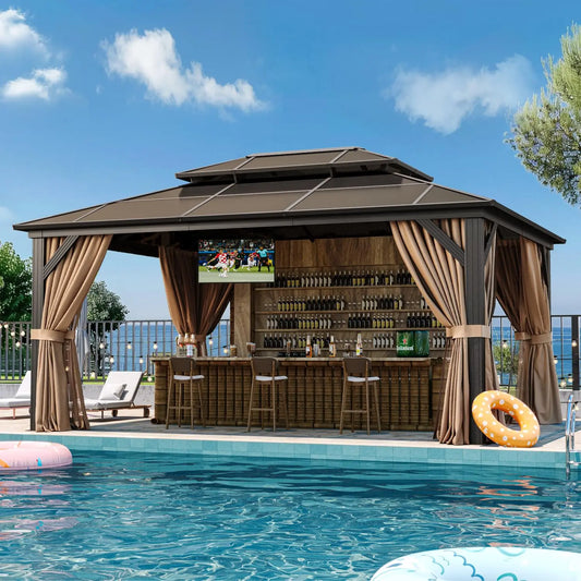 Hardtop Gazebo With Aluminum Frame Polycarbonate Double Roof Canopy Curtains