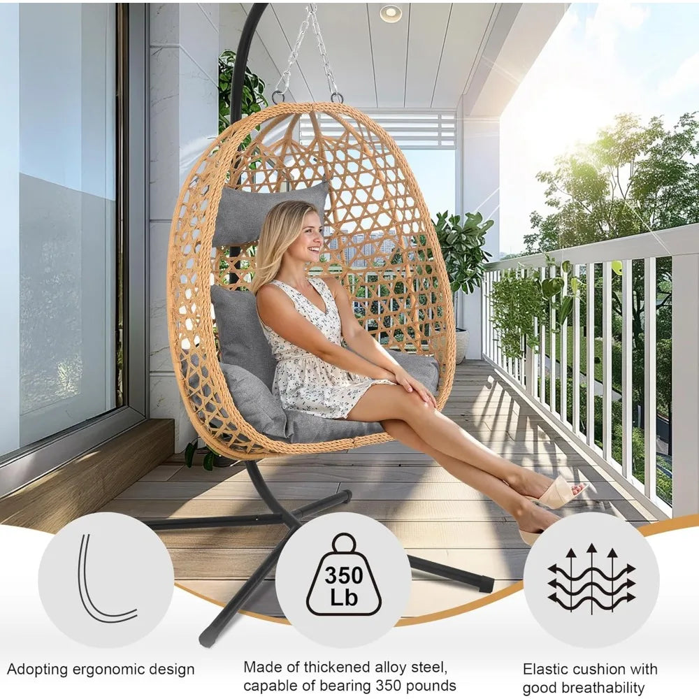 Rattan Hanging Egg Chair With Stand for Patio Outdoor Comfort