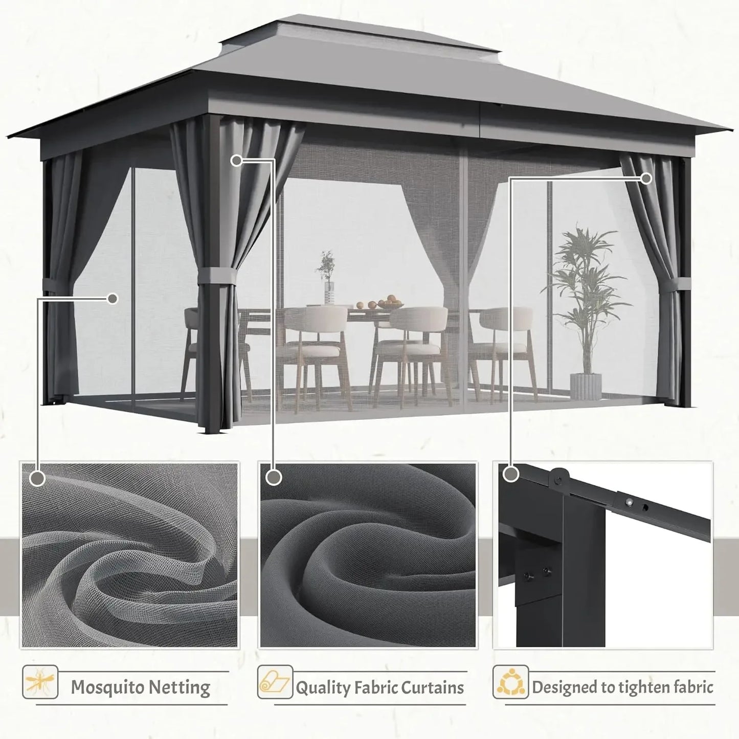 Outdoor Gazebo Canopy With Heavy Duty Frame And Mosquito Net