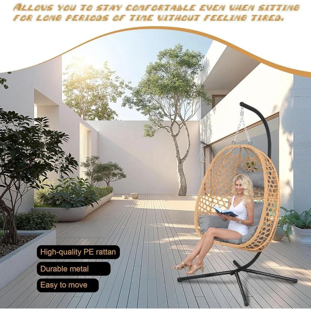 Rattan Hanging Egg Chair With Stand for Patio Outdoor Comfort
