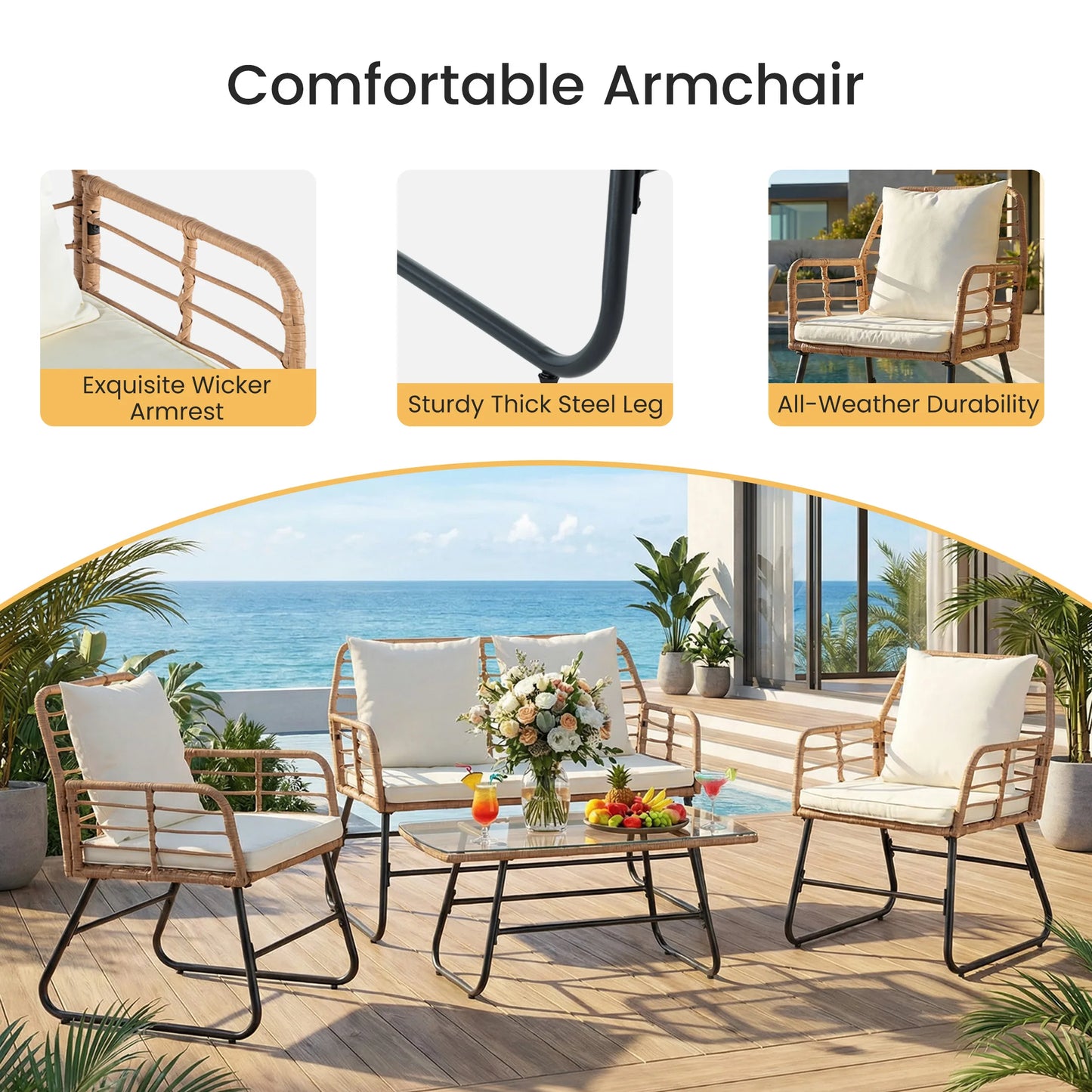 Outdoor Wicker Patio Furniture Set With Glass Table Cushions