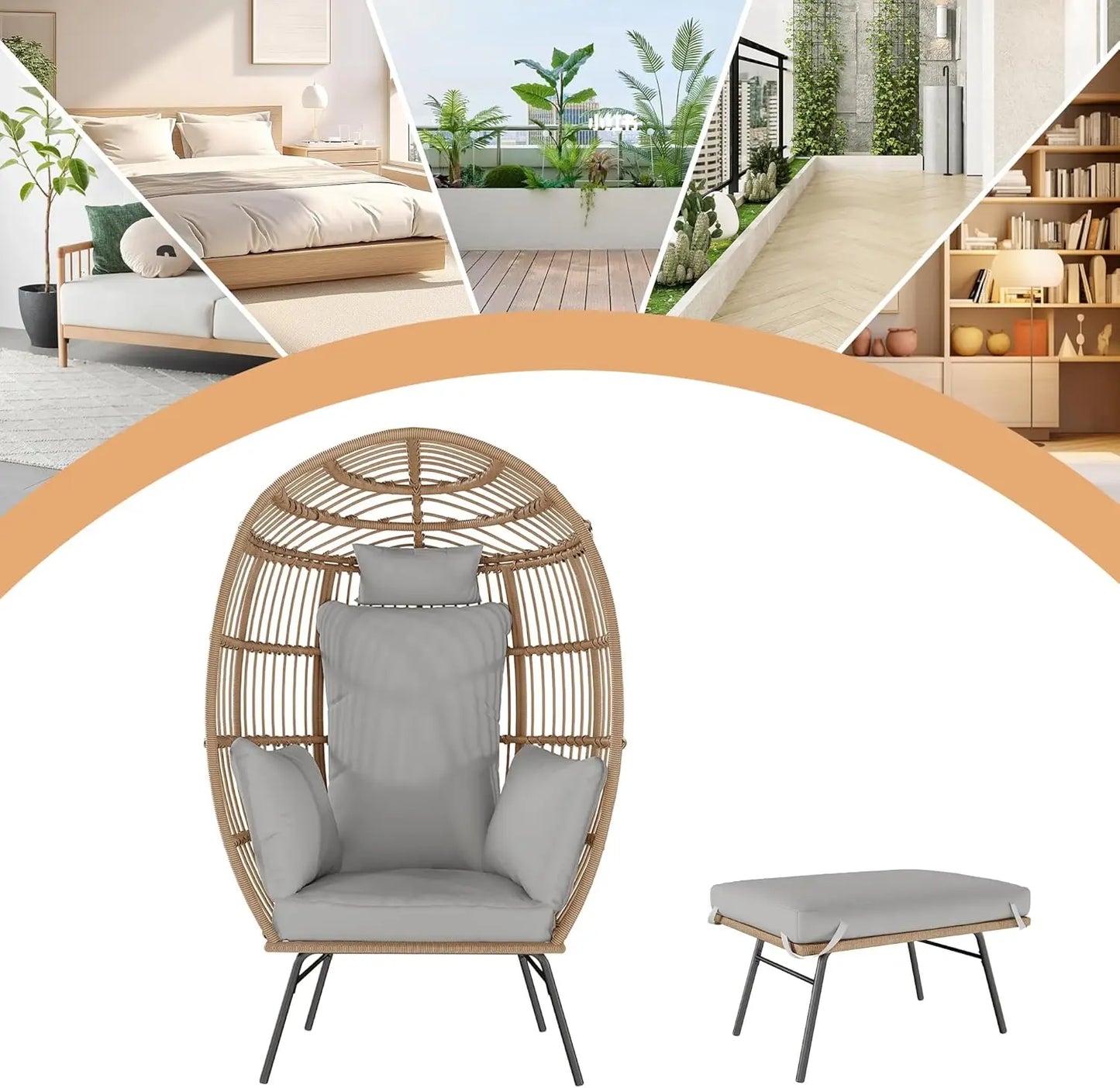 Wicker Egg Chair With Ottoman Waterproof Outdoor Patio Lounge