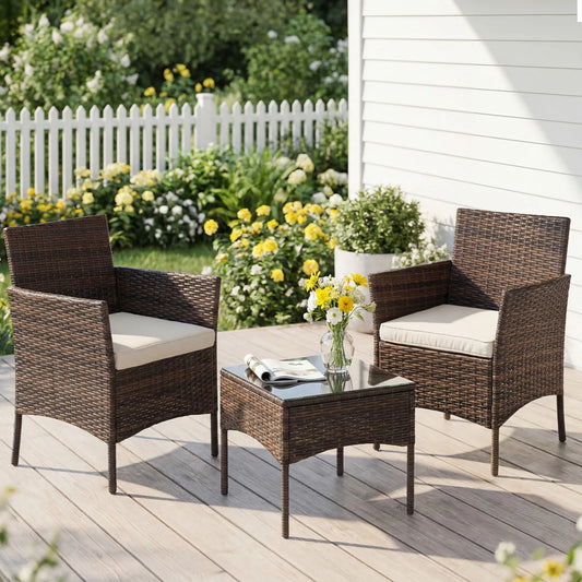 Outdoor 3 Piece Wicker Rattan Patio Set With Glass Table