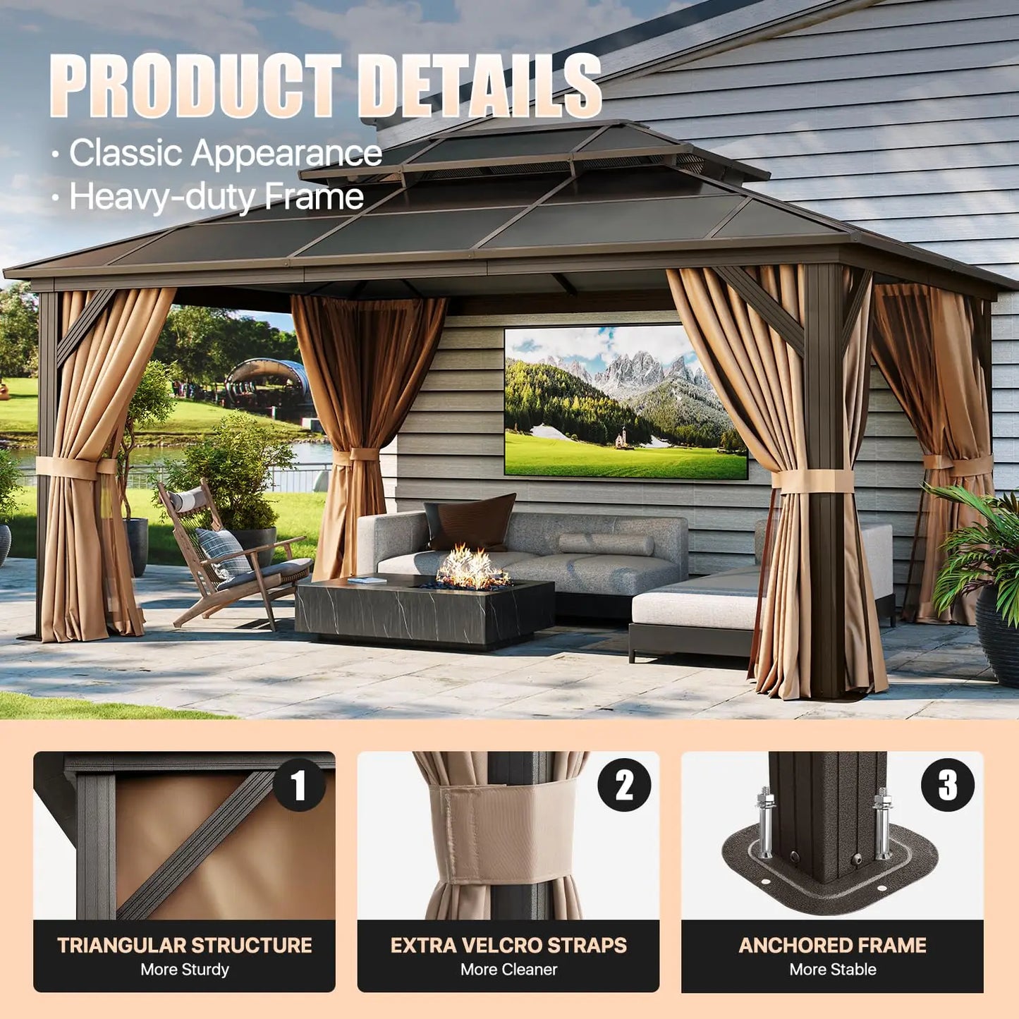 Hardtop Gazebo With Aluminum Frame Polycarbonate Double Roof Canopy Curtains