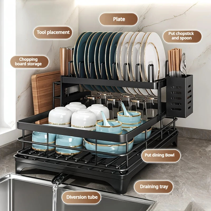 AEHOME 2 Tier Expandable Dish Drying Rack Drainboard Knife Holder