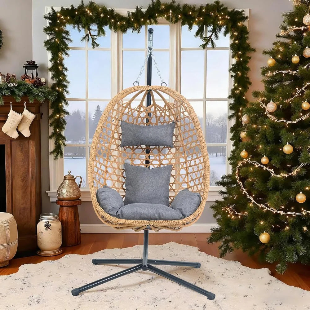 Rattan Hanging Egg Chair With Stand for Patio Outdoor Comfort