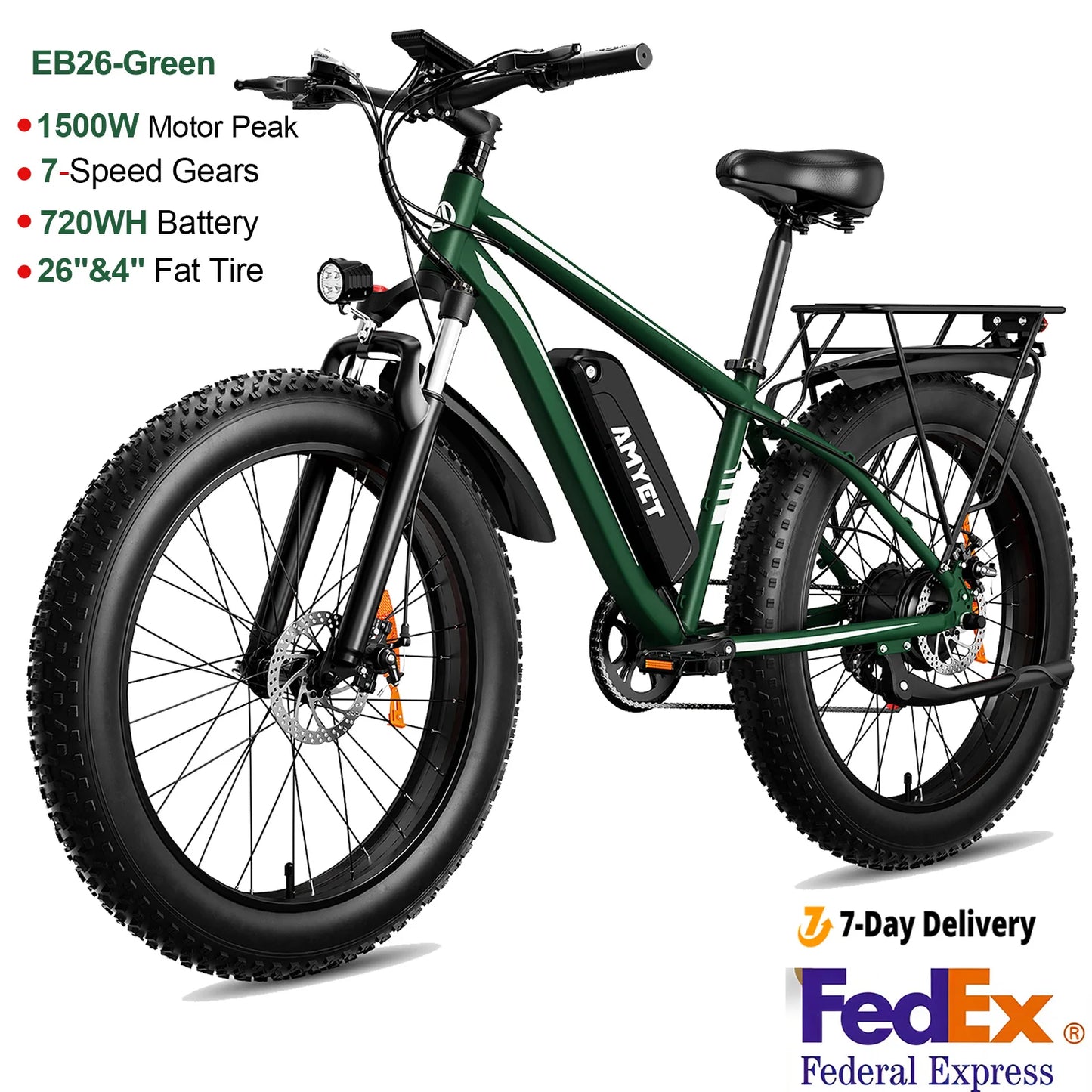 AMYET EB26 Electric Bike 1500W 28 MPH Fat Tire Mountain Ebike