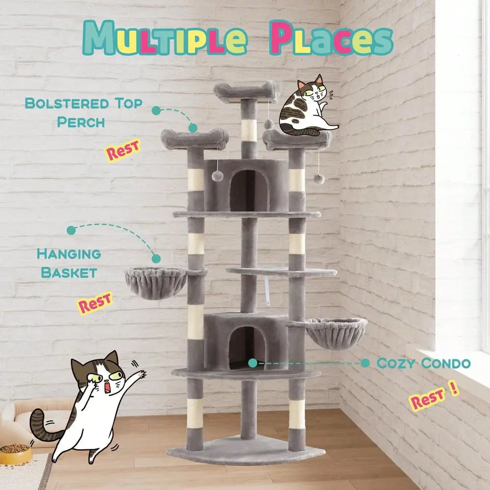 Three Tier Indoor Cat Tree Tower For Corner Space Saving