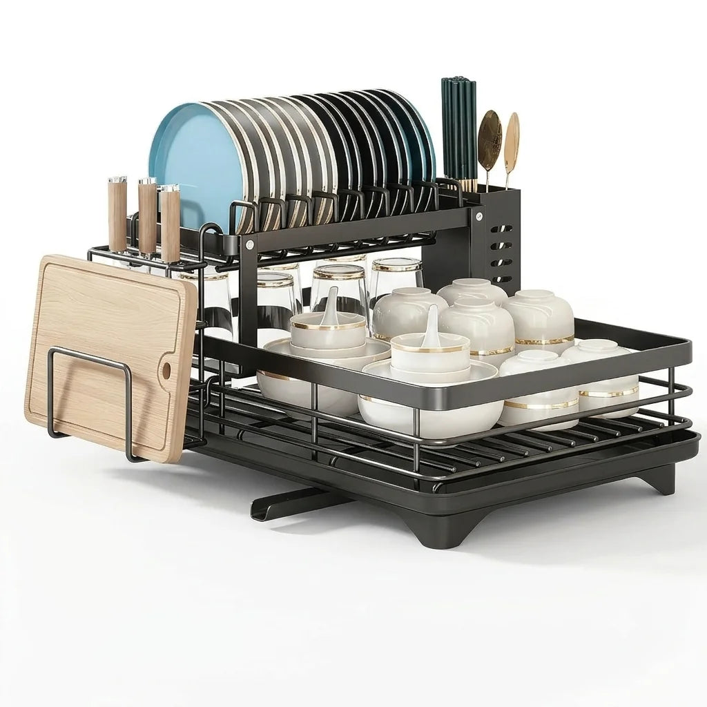 AEHOME 2 Tier Expandable Dish Drying Rack Drainboard Knife Holder