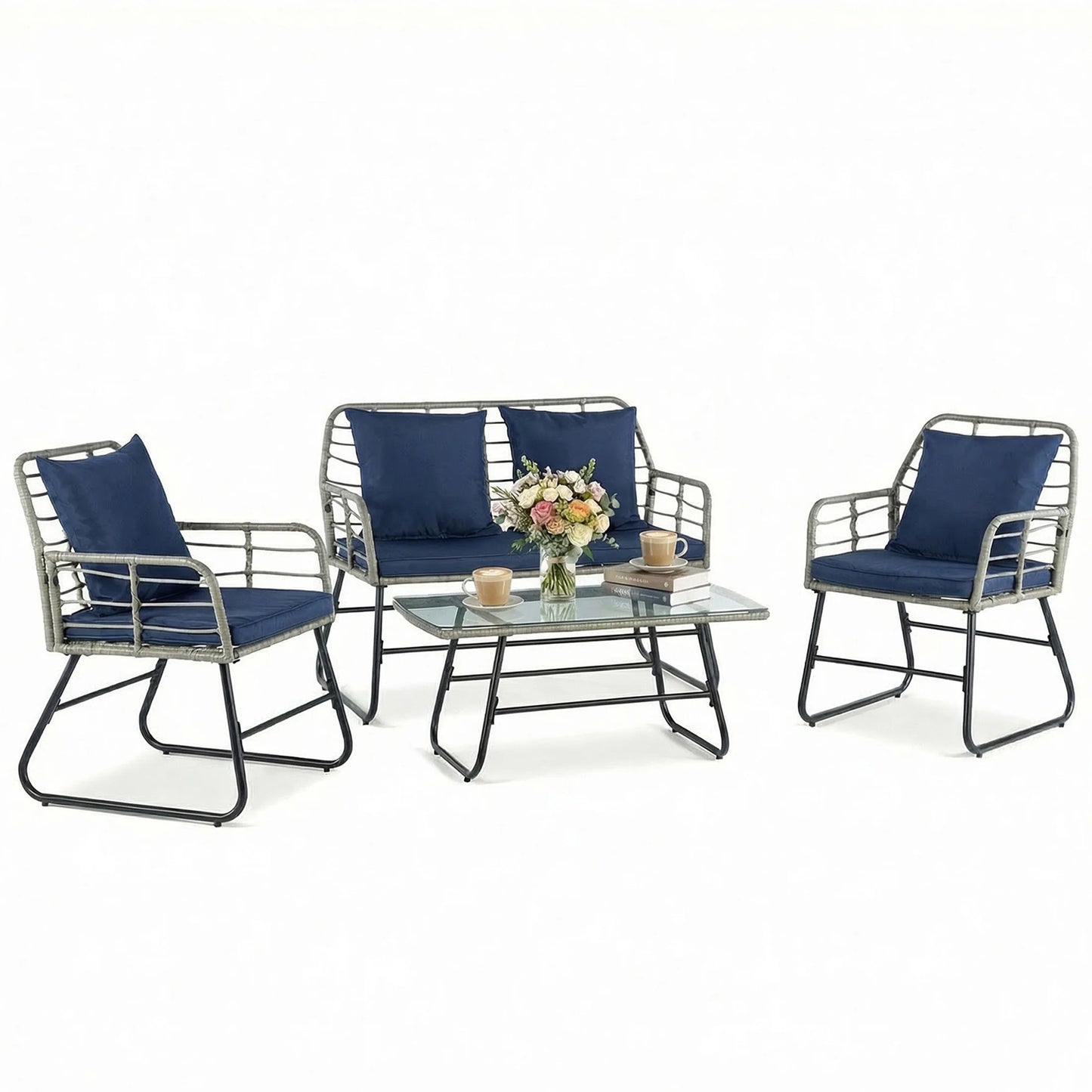 Outdoor Wicker Patio Furniture Set With Glass Table Cushions