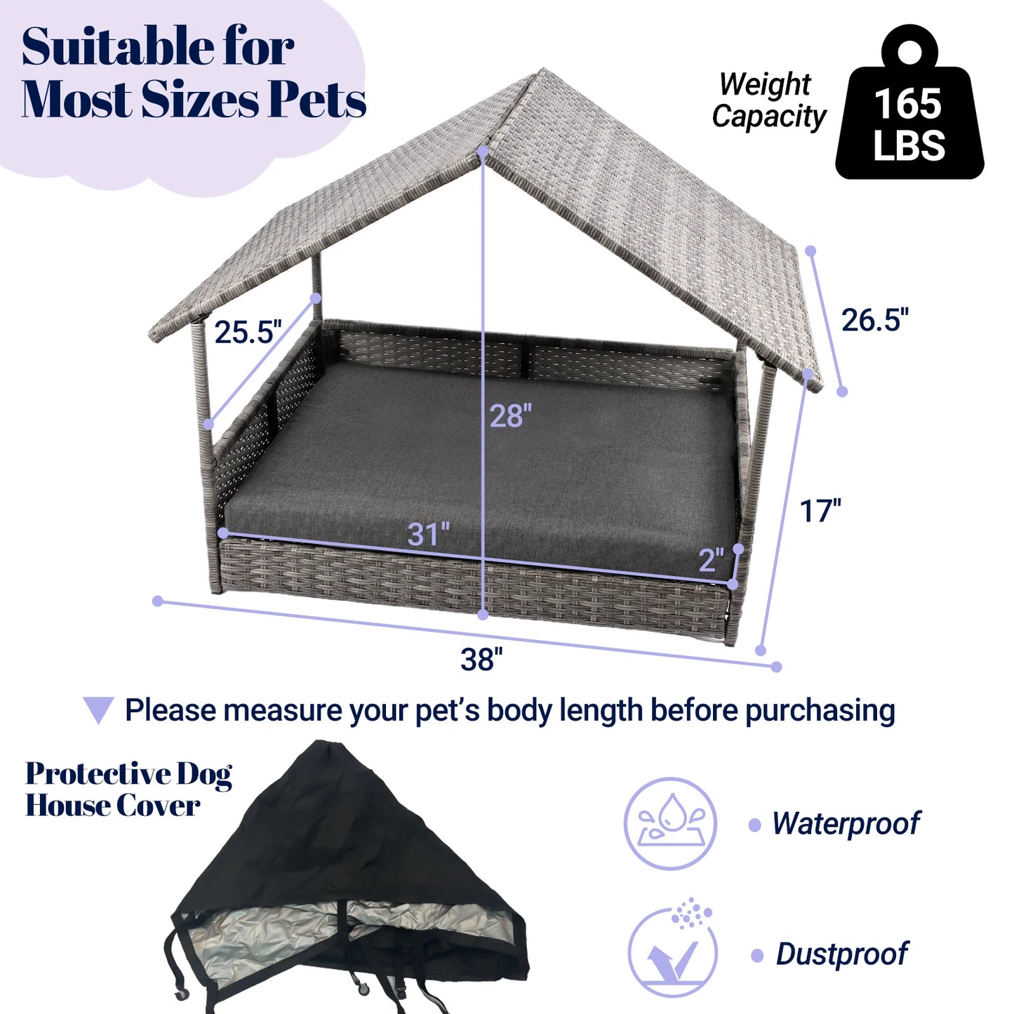 Nonecn Elevated Wicker Dog House With Canopy Cushion