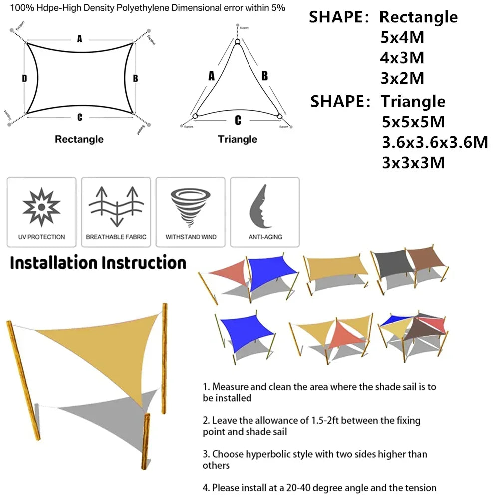 Waterproof Sun Shade Sail 160GSM For Outdoor Patio Garden Beach Camping