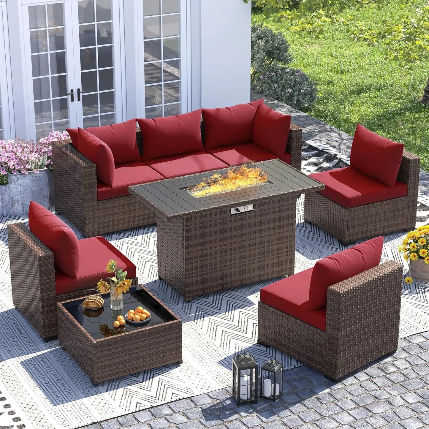 Outdoor Fire Pit Table Furniture Set With All Weather Wicker Sofas