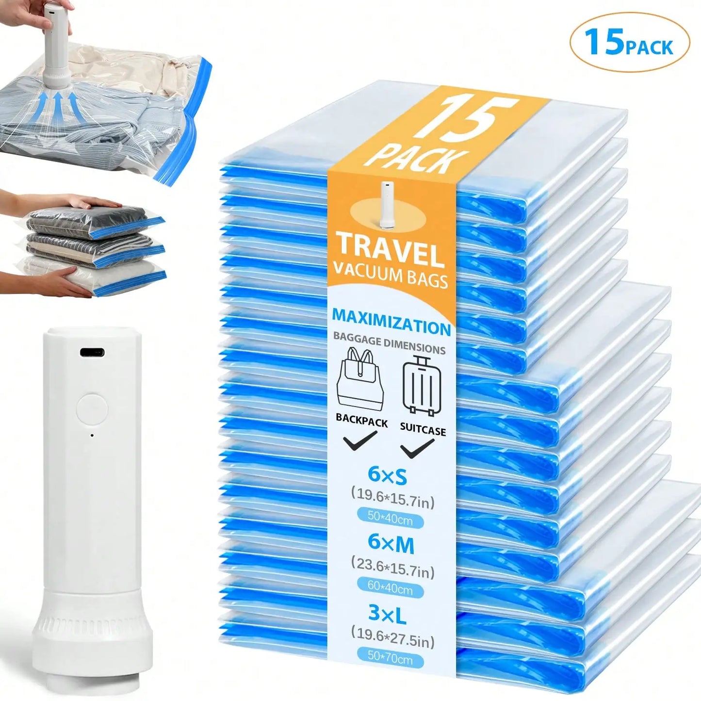Vacuum Storage Bags With Electric Pump USB Rechargeable 1500mAh