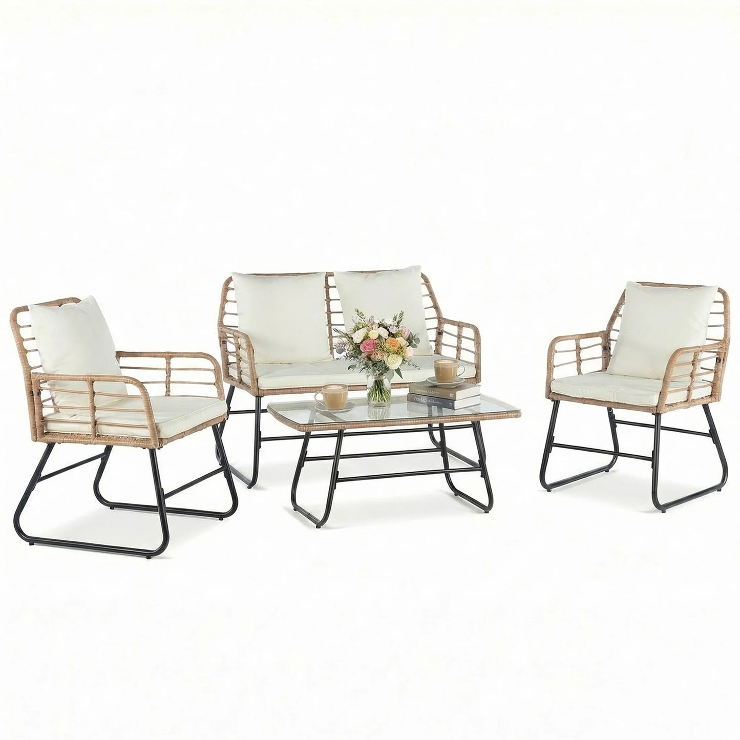 Outdoor Wicker Patio Furniture Set With Glass Table Cushions
