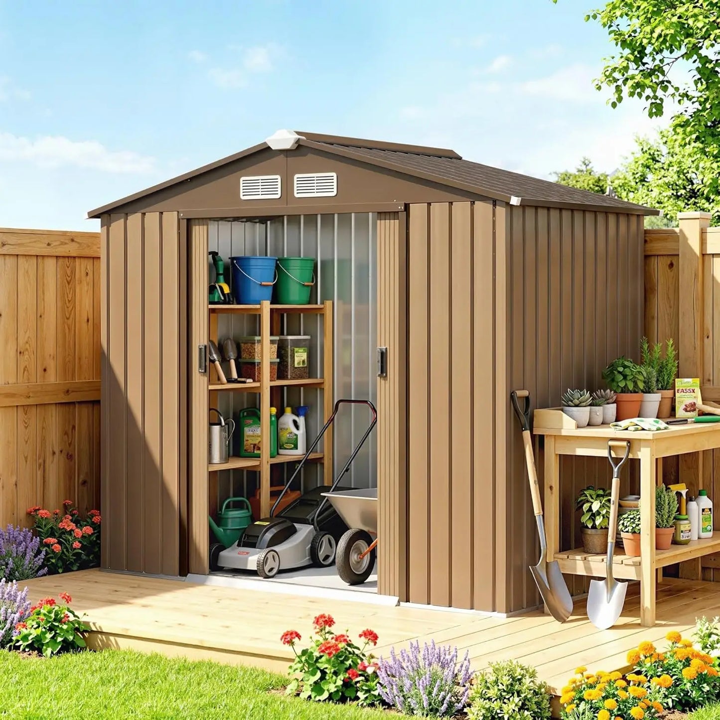 XIAOLANG Outdoor Metal Storage Shed With Foundation Kit And Lockable Doors