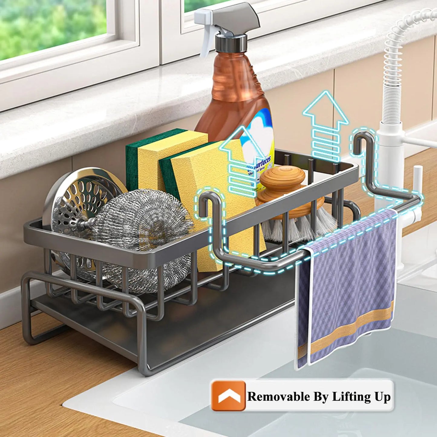Carbon Steel Kitchen Sink Organizer With Sponge Holder And Dispenser