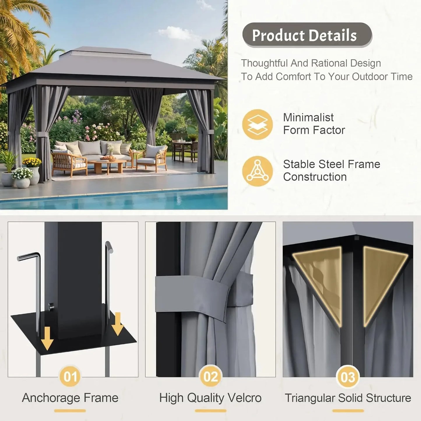 Outdoor Gazebo Canopy With Heavy Duty Frame And Mosquito Net